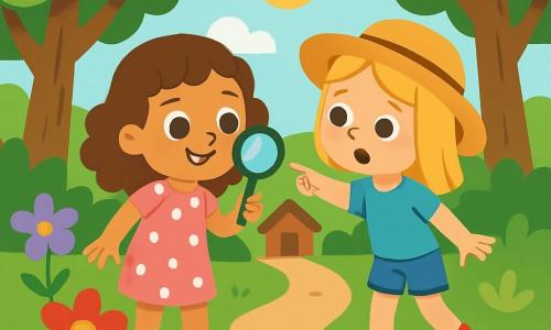 Ci sono 2 personaggi principali: Sofia, una ragazza di 7 anni con capelli castani e ricci, che indossa un vestito rosa a pois bianchi e sandali gialli, è sorridente e tiene una piccola lente d'ingrandimento nella mano destra; e Anna, una ragazza di 7 anni con capelli biondi e lisci, che indossa una maglietta blu e un pantaloncino di jeans, con un cappello di paglia in testa, che guarda attentamente intorno a sé. Le due amiche si trovano su un sentiero nascosto in un parco verde, circondate da fiori colorati dai petali rossi, gialli e viola. Alberi maestosi con foglie verdi formano un tetto naturale sopra di loro, mentre un dolce raggio di sole illumina la scena. Sofia e Anna sono impegnate in un'indagine, scrutando il terreno alla ricerca di una piccola scarpa persa; Sofia esamina un fiore con la lente, mentre Anna indica un piccolo sentiero che sembra portare a una misteriosa capanna in lontananza.