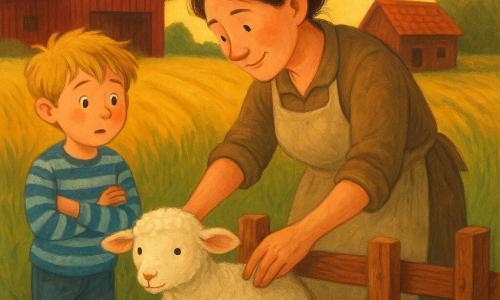 Marta, agricoltrice sorridente e premurosa con capelli castani raccolti, abiti di tela consumata e grembiule beige, si china per liberare delicatamente la zampa di una agnellina bianca un po' sporca incastrata tra delle assi di legno, viso concentrato e mani impolverate; a sinistra Luca, bambino di circa 8 anni coi capelli biondi spettinati, jeans e maglione a righe, osserva stupito con le braccia incrociate; un piccolo riccio bruno tra l'erba alta guarda dalla destra; sullo sfondo al crepuscolo fattoria con grande fienile rosso, pollaio, cumulo di fieno e campi di grano dorati sotto un cielo arancione con alcuni uccelli in volo; scena principale: salvataggio intimo e caloroso, Marta cura e libera l'agnellina mentre Luca impara, atmosfera dolce, colori caldi, texture di gouache, pennellate ampie e forme semplici adatte ai bambini.