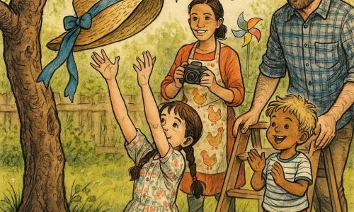 Hania, 8 lat, radosna, z brązowymi warkoczami, w pastelowej sukience w kwiaty, siedzi na kolanach i sięga po zbyt szeroki słomkowy kapelusz wiszący na gałęzi; obok Franek, 4 lata, energiczny, blond włosy, w paskowanej koszulce, podskakuje klaszcząc i trzyma koszyczek z czekoladowymi jajkami; mama (~35 lat) związała włosy, uśmiechnięta, trzyma aparat stojąc za Hanią, w fartuchu z kurkami; tata (~37 lat), brodaty i figlarny, trzyma małą drewnianą drabinkę przy Hani, w koszuli w kratę; wiosenny ogród z zieloną trawą i stokrotkami, stara jabłoń z nisko wiszącymi gałęziami, kolorowe wstążki i wiatraczek, na trawie słoik złotych brokatów i kilka pisanek; miękkie poranne światło, lekkie cienie, precyzyjne czarne kreski i akwarelowe lavisy, widoczne faktury (słoma, drewno, kora), radosna i spokojna atmosfera, kompozycja skupiona na chwili chwytania kapelusza.