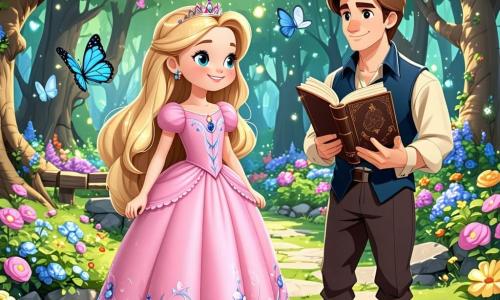 La princesa Clara, una joven de largos cabellos dorados y ojos llenos de curiosidad, se encuentra en un jardín encantador, su rostro radiante de emoción y asombro. Lleva un vestido de satén rosa, adornado con flores bordadas, y sostiene una mariposa azul delicada sobre su hombro. Cerca de ella, un joven príncipe de unos 12 años, con cabello castaño despeinado y una sonrisa cálida, observa a Clara con admiración, sosteniendo un libro antiguo en sus manos. El jardín es un lugar mágico, lleno de flores brillantes de colores vivos, grandes árboles con hojas brillantes y un camino de piedras que serpentea entre arbustos fragantes. La escena principal muestra a Clara descubriendo un mensaje secreto en una hoja de trébol, mientras el príncipe se acerca, intrigado por el misterio que los rodea.