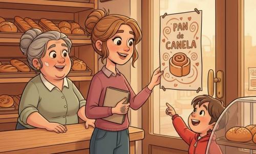 Luna, emocionada y orgullosa, sonrisa tímida y ojos brillantes, con el cabello castaño recogido en un moño, manchas de grafito en los dedos y un cuaderno bajo el brazo, entrega un póster; la señora Inés, de unos 50 años, rostro redondo y cabello gris en un moño, con una leve mancha de harina en la mejilla, está detrás del mostrador mirando el póster con sorpresa feliz; un niño de unos 6 años, pelo corto y chaqueta roja, señala el póster riendo junto a una vitrina; la panadería es cálida, con estanterías de madera clara llenas de panes dorados, bandejas metálicas, luz matinal dorada que entra por la puerta acristalada con picaporte de latón; el póster 