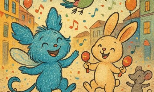 A small winged moon-girl with shiny blue fur and tiny translucent wings smiles broadly and samba-dances while bells at the tip of her tail jingle; Milo, a round cream rabbit, shakes red maracas beside her; Pippa, a pink-and-green bird, hovers above laughing and showing the dance steps; Max, a little gray mouse, spins excitedly with his tail curled; they parade down a wide cobblestone carnival street lined with brightly painted houses, colorful bunting, floating banners, balloons and confetti at dusk, music shown as colorful notes, warm light and a joyful, friendly atmosphere.