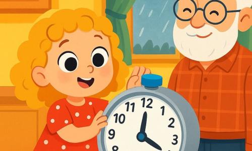 A 4-year-old girl with curly golden hair is wearing a red dress with white polka dots. She has large, bright eyes filled with wonder and a curious smile on her face. She stands in front of a large silver clock, hands raised, ready to press a shiny blue button. Next to her, an elderly grandfather with round glasses and a white beard smiles gently. He wears a plaid shirt and stands slightly back, watching the girl with pride. The setting is a warm kitchen with yellow walls and windows letting in daylight. On the table, tools are scattered around the clock, and a light rain falls outside, creating a soft and welcoming atmosphere. The girl is about to press the clock's button, her face lit up with excitement and curiosity, while the air around them seems to vibrate with mysterious magic.