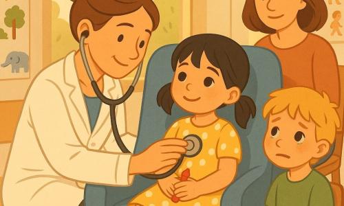 Female doctor in her thirties with a gentle smiling face and brown hair in a bun, wearing a clean white coat and a silver stethoscope, kneeling and gently placing the stethoscope on a young patient’s chest with a reassuring, attentive posture; Mia, about 6–7 years old, black hair in pigtails, yellow polka-dot dress, sitting on a large soft blue armchair holding a red crayon, bright eyes and a shy smile as she listens to her heart with hands on the stethoscope; a boy about 5, teary but calmer, tousled blond hair and a green T‑shirt, sitting on a chair beside her looking at Mia with a small emerging smile; a mother in her forties with chestnut hair sits behind him with a comforting hand on his shoulder. Bright pediatric waiting room with large windows and golden light, walls decorated with children’s drawings, a small wooden coffee table with scattered crayons and colorful posters of the body. Main scene: warm calm moment of the doctor listening to Mia’s heartbeat, Mia proud and reassured, the boy regaining courage, soft atmosphere with vivid colors, clear contrasts, simple rounded shapes in a child-friendly style.