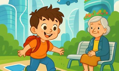 A 6-year-old boy named Milo, with messy brown hair and sparkling curious eyes, stands on a bright path made of colorful geometric shapes. He wears shiny green shoes and a small red backpack, displaying a big, amazed smile. Nearby, a woman around 50 years old, with silver hair and a shimmering coat, sits on a silver bench, watching Milo with kindness and pride in her bright eyes. The setting is a futuristic city with wavy glass buildings, hanging gardens filled with vibrant flowers, and floating cars gliding silently above the ground. Colorful birds fly in a clear blue sky, adding a touch of magic to the environment. The main scene shows Milo discovering a glowing puzzle path, where he must jump on colorful shapes to move forward. He is excited and determined, ready to take on the challenges in this city full of surprises.