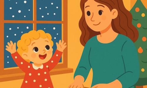 O fetiță de 2 ani, Sofia, cu părul buclat și auriu, cu ochi mari strălucitori de curiozitate, stă în fața unei feronier, uimită de zăpada care cade ușor. Ea poartă o rochie roșie cu buline albe și papuci din lână, afișând un zâmbet vesel și obraje roz. Lângă ea, mama ei, o femeie de aproximativ 30 de ani, cu părul castaniu și lung, pregătește un cozonac în bucătărie, privind-o pe Sofia cu afecțiune. Camera este călduroasă, decorată cu ghirlande luminoase și un brad de Crăciun strălucitor, în timp ce fulgii de zăpadă dansează afară, creând o atmosferă magică. Sofia, cu brațele ridicate, își face o dorință de Crăciun, cu ochii strălucind de emoție, în timp ce mirosul dulce al cozonacului umple aerul.