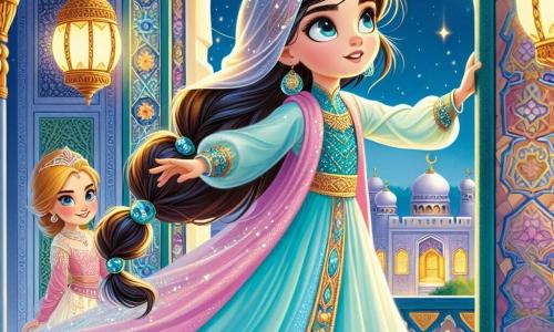 Een jong meisje genaamd Noor, ongeveer 12 jaar oud, staat op de top van een majestueuze toren, met ogen vol vastberadenheid en verwondering. Ze draagt een lichte turquoise zijden jurk met gouden patronen, en haar lange zwarte haar waait zachtjes in de wind. Noor kijkt moedig naar de deur van de toren, klaar om de prinses te bevrijden. Naast haar staat een prinses van ongeveer 14 jaar, gekleed in een weelderige roze jurk met glinsterende borduursels, met een hoopvolle glimlach. Haar blonde haar is gevlochten met sprankelende parels, en ze kijkt Noor dankbaar aan. De achtergrond is een betoverend paleis, met muren van wit marmer versierd met kleurrijke mozaïeken, hangende lantaarns die een zachte en warme gloed verspreiden, en weelderige tuinen zichtbaar door de ramen. Schitterende sterren verlichten de nachtelijke hemel, wat een vleugje magie aan de scène toevoegt. De belangrijkste situatie toont Noor, vol moed, klaar om de deur van de toren te openen om de prinses te bevrijden, terwijl het licht van de lantaarns om hen heen danst, wat een mysterieuze en avontuurlijke sfeer creëert.
