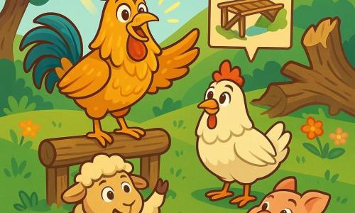 A majestic rooster named Rocco, with golden and shiny feathers, stands proudly on a wooden wall, wearing a determined and joyful expression. His eyes sparkle with enthusiasm as he prepares to encourage his animal friends. Beside him is a hen named Henrietta, with white feathers and a wise look, listening attentively and ready to share her ideas. A fluffy sheep named Benny, with woolly fur and round eyes, stands just below, raising a leg in excitement, while a small pink piglet named Tilly, with a mischievous smile, approaches bouncing. The scene takes place at the foot of a green hill, where an old fallen oak lies on the ground, surrounded by colorful flowers and sunlight filtering through the leaves. The animals gather around Rocco, ready to discuss their new bridge project. The main situation shows Rocco, full of energy, explaining his idea to build a wooden bridge to reach the top of the hill, while his friends listen with admiration and enthusiasm.