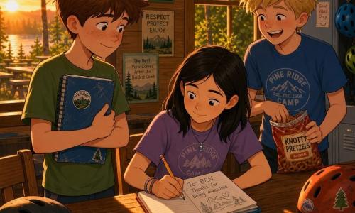 A warm scene after a day of cycling: a round-faced 12-year-old boy with freckles and tousled chestnut hair, wearing a shy smile, holds a worn blue notebook to his chest and watches an 11-year-old girl with shoulder-length black hair and fair skin who sits at a varnished wooden table, relaxed and focused as she draws in the notebook with a pencil; a blond, mischievous 12-year-old friend stands beside them holding a bag of pretzels and laughing softly. They are in a summer camp activity room with open windows letting in golden sunset light, nature posters on the walls, light plank floors, bike helmets and lockers in a corner, and small details like a helmet on a chair, a half-spilled water bottle, and tree-shadow patterns on the floor.