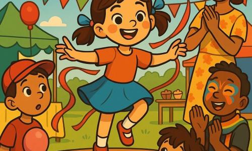 An 8‑year‑old girl, smiling and brave with rosy cheeks and dark brown pigtails tied with blue and pink ribbons, dances on a small kermesse stage with her ribbons flying; to her left a surprised then admiring 9‑year‑old boy in a red cap holds a pink balloon, to the right a non‑binary 8‑year‑old friend (they) with short hair and a rainbow scarf applauds with a butterfly face paint, a 5‑year‑old little brother in a green T‑shirt watches from below holding a glittery yellow ball given by the winner, and a smiling female teacher in a floral dress claps behind them; the scene is a sunny school field with green grass, colorful stalls, floating balloons and a table of cupcakes, joyful, bright and full of vibrant movement.
