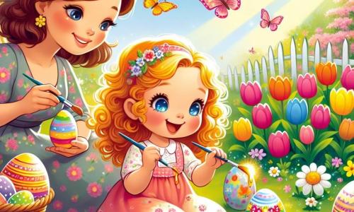 A 4-year-old girl named Lily, with sparkling blue eyes and curly golden hair, is sitting in a sunny garden, smiling and full of joy, painting colorful Easter eggs with brushes. Next to her, her mom, a woman in her thirties with brown hair and a floral dress, watches her with a warm smile, holding a decorated egg in her hand. The garden is filled with vibrant flowers like tulips and daisies, and a large shady tree stands in the background, its branches providing shelter for butterflies fluttering around. The scene captures Lily and her mom engaged in joyful activity, surrounded by bright Easter eggs and sparkling glitter, embodying the festive and magical spirit of Easter.