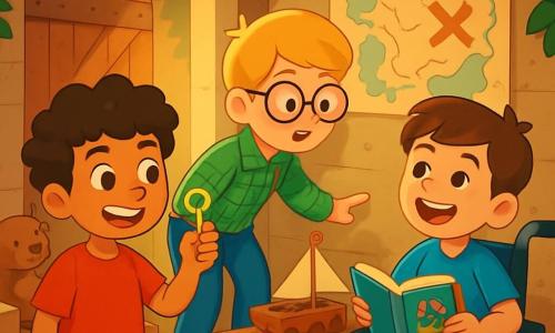 There are three characters: Max, a 10-year-old boy with curly brown hair, wearing a red t-shirt and blue shorts, holding a small golden key with a big smile; Jack, a 10-year-old boy with round glasses and blonde hair, dressed in a green plaid shirt and jeans, leaning forward curiously observing a map on the wall; and Sam, a 10-year-old boy with chestnut hair and a joyful expression, sitting in his wheelchair, wearing a blue t-shirt and holding an open adventure book on his lap, looking at his friends enthusiastically. The main setting is a small secret room filled with old wooden toys, dusty books, and cardboard boxes, with ivy-covered walls and soft light filtering through an old wooden door, creating a mysterious and magical atmosphere. The main situation shows the three friends discovering an ancient hideout in the forest, where they found a golden key and a mysterious map, surrounded by forgotten objects, sharing laughter and ideas about the adventures they could have together.