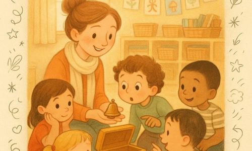 A smiling, kind female teacher with light brown hair in a loose bun and a soft cream scarf kneels before a small open yellow chest and holds a shiny little bell in her palm; five-year-old Milo, curly brown hair and wide curious eyes, leans toward her with a hand on the chest; four-year-old Ava, blonde pigtails, claps gently while holding a small teddy by the carpet; five-year-old Ben, very short black hair in a striped tee, points at the chest and whispers to his neighbor from the right; four-year-old Lina, straight brown hair, rests her head on her hand to watch from the teacher's left. The Sunny Room has a colorful checkered rug, wicker book bins, low shelves painted pastel yellow, a garland of drawings, and soft light through a sheer-curtained window. The scene is a quiet, intimate reveal from the 