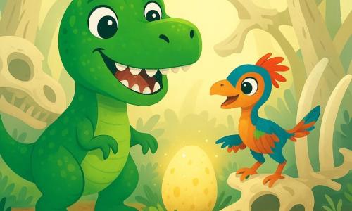 A young Tyrannosaurus Rex with shiny green scales and sparkling eyes stands proudly at the center of the scene, smiling widely. Next to him, a small colorful Compsognathus, curious and playful, joyfully jumps on one of the ribs of a large dinosaur skeleton. The setting is a garden of mysterious fossils, where giant bones rise from the ground like white trees, surrounded by vibrant green ferns and small silver-leaved plants. Soft morning light filters through the bones, creating dancing shadows on the ground. In this scene, the Tyrannosaurus Rex and his friend explore the bone garden, discovering a shimmering egg that emits a magical glow as they strive to uncover the hidden secrets of this ancient and enchanted place.