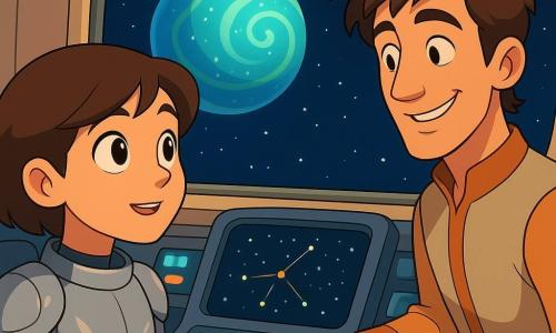 Una joven, Vega, con cabello castaño corto y ojos curiosos, lleva un traje de vuelo plateado y mira por la ventana de una nave espacial con asombro. Un hombre, Nilo, de unos 30 años, con cabello despeinado y una sonrisa traviesa, ajusta controles en el tablero junto a Vega. El interior de la nave es moderno y luminoso, con pantallas coloridas mostrando estrellas y gráficos. A través de la gran ventana, se ve el planeta Gema-4, una esfera azul-verde con patrones luminosos en espiral en su superficie, flotando en el espacio estrellado. La escena transmite una atmósfera de descubrimiento y fascinación espacial.