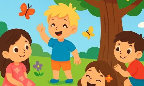 Ci sono 4 bambini: Sofia, una ragazza di 5 anni con lunghi capelli castani e occhi scintillanti, indossa un vestito rosa a fiori e sorride seduta sull'erba guardando una farfalla; Luca, un ragazzo di 6 anni con capelli biondi disordinati e una maglietta blu, saluta una formica vicino a lui; Emma, una ragazza di 5 anni con capelli castani e una piccola molletta a forma di fiore, è sdraiata sull'erba ridendo e guardando il cielo blu; Tommaso, un ragazzo di 6 anni con capelli bruni e pantaloni corti verdi, è accovacciato vicino a un grande albero toccando il tronco ruvido con curiosità. Il luogo è un parco in fiore con erba verde e morbida, fiori colorati che danzano nel vento e un grande albero al centro che offre ombra. Il cielo è blu brillante con alcune nuvole bianche. I bambini giocano insieme, ridendo e scoprendo la bellezza della primavera, con farfalle che volano intorno a loro e una dolce brezza che muove le foglie degli alberi.
