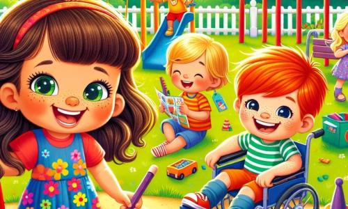 In een zonnige speeltuin spelen vier kinderen samen. Luna, een 8-jarig meisje met bruin haar en sprankelende ogen, glimlacht blij terwijl ze een speelplan vasthoudt. Ze draagt een kleurrijke jurk met bloemenpatronen. Naast haar is Max, een 9-jarige jongen met blond haar en blauwe ogen, die lachend naar een grote boom rent. Sofie, een 7-jarig meisje met rood haar en sproeten, zit op de grond te tekenen met kleurpotloden. Sam, een 8-jarige jongen van Aziatische afkomst, zit in zijn rolstoel, glimlachend en met een kaart met aanwijzingen voor het spel.

De speeltuin is gevuld met kleurrijke speeltoestellen: een rode schommel, een blauwe glijbaan en een gouden zandbak. Groene bomen omringen de plek, en de lucht is helderblauw met enkele witte wolken.

De kinderen zijn druk bezig met het organiseren van een schattenjacht. Sam geeft enthousiast instructies, en de andere kinderen luisteren aandachtig, wat hun vriendschap en tolerantie laat zien. Deze scène illustreert de vreugde van samen spelen, ondanks de verschillen.