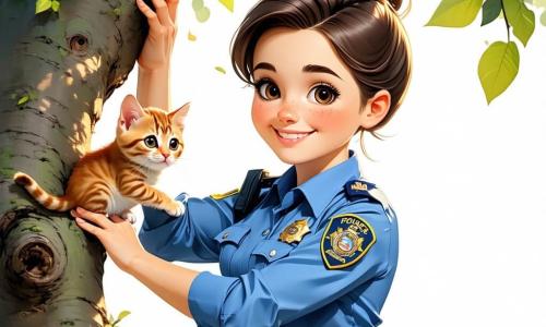 Uma policial corajosa, Maria, está no centro da imagem. Ela tem cabelos castanhos presos em um coque, usa um uniforme azul vibrante com um distintivo brilhante no peito e exibe um grande sorriso caloroso. Maria está subindo cuidadosamente em uma árvore, estendendo a mão para um pequeno gatinho. Ao lado dela, um menino de 8 anos chamado Pedro observa com olhos arregalados, cheio de admiração. Ele tem cabelos loiros bagunçados, usa uma camiseta vermelha e um short azul, e está embaixo da árvore, com os braços cruzados, pronto para aplaudir. O cenário se passa em um parque ensolarado, com árvores verdes, flores coloridas e um céu azul claro. A situação principal mostra Maria, a policial, ajudando o pequeno gatinho preso na árvore, enquanto Pedro a incentiva com entusiasmo, criando uma cena cheia de camaradagem e coragem.