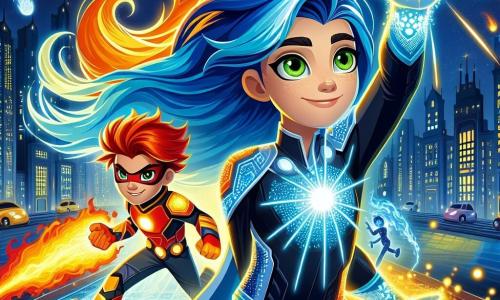 Im Vordergrund steht Aurora, ein Mädchen mit langen, glitzernden blauen Haaren, stolz mit einem entschlossenen Ausdruck im Gesicht. Ihre grünen Augen strahlen Energie aus, und sie trägt ein buntes Superheldenkostüm mit leuchtenden Mustern, das Licht und Hoffnung symbolisiert. Sie hebt eine Hand, bereit, eine Lichtexplosion freizusetzen, um die Stadt zu beschützen. Neben ihr steht Blaze, ein etwa 12-jähriger Junge mit flammend roten Haaren, dynamisch positioniert und konzentriert darauf, eine Flamme in seiner Hand zu erzeugen. Sein Kostüm in Rot und Orange erinnert an Feuer, und er zeigt ein selbstbewusstes Lächeln, bereit, Aurora im Kampf zu unterstützen. Die Szenerie spielt in einer futuristischen Stadt mit glitzernden Wolkenkratzern und fliegenden Autos am Himmel. Der Boden ist mit glänzenden Platten gepflastert, und bedrohliche Schatten zeichnen sich um sie herum ab und schaffen eine Atmosphäre von Spannung und Abenteuer. Die Hauptsituation zeigt Aurora und Blaze vereint gegen die Bedrohung der mysteriösen Schatten, die sich im Dunkeln abzeichnet und bereit ist, anzugreifen. Gemeinsam bereiten sie sich darauf vor, die Stadt zu verteidigen und illustrieren den Mut und die Freundschaft, die sie in diesem epischen Kampf verbinden.
