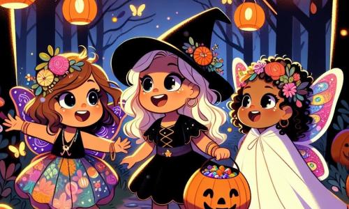 In una foresta incantata, tre amiche si riuniscono per celebrare Halloween. Mia, una ragazza di 8 anni, indossa un costume di streghetta nera con un cappello a punta e capelli ricci, sorridendo felicemente con un grande sacco di caramelle. Lila, una ragazza di 7 anni, è travestita da farfalla colorata con ali brillanti e una corona di fiori, danzando leggermente con le braccia aperte. Sara, un piccolo fantasma di 5 anni, si trova in un bel carrozzino bianco, con un lenzuolo che fluttua intorno a lei, guardando le sue amiche con occhi scintillanti di gioia. La foresta è illuminata da lanterne arancioni appese agli alberi, creando un'atmosfera calda e magica. Le tre amiche raccolgono caramelle mentre cantano e ridono, godendosi questa notte piena di magia e amicizia.