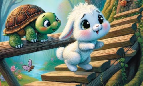 A little rabbit named Benny, with soft white fur and curious eyes shining like stars, stands on a rickety wooden bridge, his heart pounding with excitement and fear. He cautiously moves forward, his tiny paws trembling on the creaking planks. Nearby, a wise turtle named Tilly, with a colorful shell and sparkling eyes, encourages him with a kind smile, sitting on a rock by the bridge. A little further away, a joyful ladybug named Lily, with red wings spotted with black, flies around Benny, urging him to cross the bridge. The setting is a magical forest, where the gnarled trees whisper secrets and colorful flowers dance in the gentle breeze. The main scene shows Benny, the little rabbit, about to cross the Wobbly Bridge to reach the beautiful Singing Magic Flower, symbolizing his courage and curiosity.