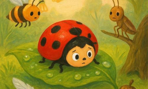 O buburuză numită Rozi, mică și rotundă, carapace roșie cu șapte pete negre, aripi ușor desfăcute, privire îngrijorată și curioasă, stă pe o frunză mare verde lucioasă acoperită de picături de rouă; în fundal clopoțele de flori mici galbene în formă de clopot, închise și ușor irizate; o albină dolofană cu dungi negre și aurii bâjbâie în zbor la stânga, aripi translucide; un greiere maroniu deschis stă pe o crenguță la dreapta, picioarele strânse; la sol trei indicii vizibile: un fir de mătase argintie întins spre un mic pod de frunze, o pană argintie lucioasă pe o piatră lângă o oglindă de apă și un ghindă sculptată înfiptă înaintea unui trunchi gol; lumină de dimineață într-o poieniță blândă, iarbă schițată, mușchi verzui și cer pal roz; stil guașă, culori opace, texturi de pensulă vizibile, contururi moi, atmosferă caldă și magică, compoziție centrată pe Rozi.