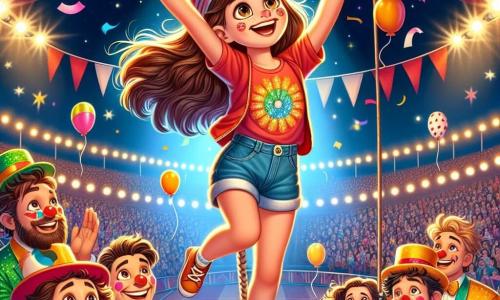 Una niña de 11 años, Clara, está en la cima de un trapecio, con los brazos abiertos y una gran sonrisa en su rostro. Lleva una gorra roja, una camiseta colorida y un short de mezclilla, con su cabello castaño ondeando al viento. Sus ojos brillan de emoción y alegría, mostrando que se siente libre y feliz. A su lado, Javier, un trapecista de unos 30 años con una gran barba y un sombrero de paja, la anima con una amplia sonrisa, suspendido en otra cuerda, listo para atraparla. Abajo, un grupo de payasos coloridos, con caras pintadas y trajes brillantes, aplauden y ríen, creando un ambiente festivo. El lugar es una gran carpa de circo, adornada con rayas rojas y blancas, luces brillantes y un público asombrado que llena los bancos. Globos y confeti flotan en el aire, añadiendo a la magia del momento. La escena principal muestra a Clara, a punto de realizar un audaz salto acrobático, mientras la emoción y la tensión se entrelazan en el aire, capturando el espíritu de aventura y camaradería del circo.