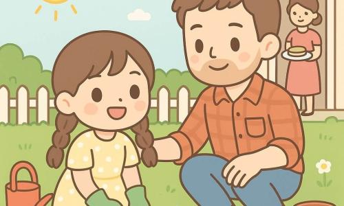 Een stralend 10-jarige meisje met twee bruine vlechten en sproeten knielt met tuinhandschoenen en een lichtgele jurk met witte stippen om een zonnebloemzaadje in een klein gaatje te planten; haar vader (ca. 35–40 jaar), zorgzaam en verrast met kort haar en lichte baard, hurkt naast haar, legt zacht zijn hand op haar schouder en houdt een kleine schep; de moeder (ca. 30–40 jaar) staat in de achtergrond bij de voordeur, haar opgestoken, glimlachend en een bord pannenkoeken houdend; zonnige tuin met groen gras, een donker plantenbed, een witte houten omheining, een rood gietertje, een terracotta pot en een blauwe lucht met gestileerde zon — een teder Vaderdagmoment met fonkelende waterdruppels en familiale vreugde.