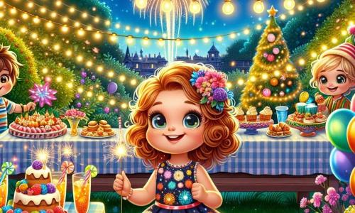 Una niña de 5 años, Clara, con grandes ojos brillantes y cabello rizado castaño, lleva un vestido colorido lleno de alegres motivos. Sonríe con entusiasmo, sosteniendo un gran globo de fiesta en una mano y una pequeña gavilla de fuegos artificiales en la otra, lista para celebrar el Año Nuevo. A su lado está Lucas, un niño de 6 años con cabello rubio desordenado, que decora un árbol de Navidad con guirnaldas brillantes. Más lejos, Sofía, una niña de 5 años con cabello liso y negro, corre alegremente con un sombrero de fiesta en la cabeza, riendo con sus amigos. La escena tiene lugar en un jardín festivo, iluminado por guirnaldas y lleno de globos coloridos. Las mesas están llenas de deliciosos platos y bebidas espumosas, mientras un gran fuego artificial estalla en el cielo estrellado, creando una atmósfera mágica. La situación principal muestra a Clara y sus amigos divirtiéndose juntos, rodeados de decoraciones festivas, listos para recibir el Año Nuevo con risas y juegos, mientras los fuegos artificiales iluminan el cielo nocturno.