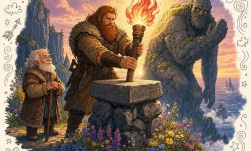 Erik, hombre adulto de rostro curtido y gran barba rojiza, ojos decididos y dulces, expresión valiente y serena, coloca una gran antorcha de llamas doradas y rojas sobre un altar de piedra; Bjorn, anciano de unos 70 años, pequeño y encorvado, cabello blanco y abrigo de lana, sonríe orgulloso desde la linde del camino con las manos cruzadas sobre un bastón; un gigante de piedra no humano, macizo con textura agrietada y ojos como brasas, se aparta del sendero en señal de aceptación; lugar: cima de un risco frente al mar con acantilados grises, tapices de flores silvestres (azules, violetas, amarillas), nubes rosadas al atardecer y bruma marina en el horizonte; situación: momento solemne en que la antorcha en el altar estalla en un halo luminoso que ilumina rostros y flores en una atmósfera nórdica cálida y mágica.
