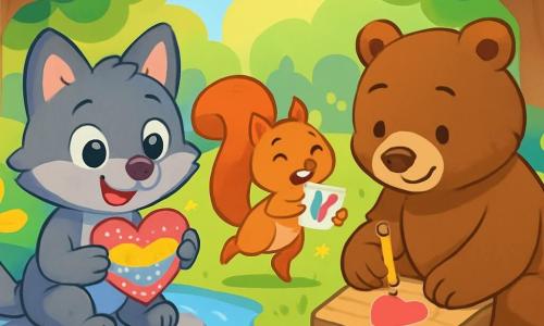Un pequeño lobo llamado Lucas, con un suave pelaje gris y ojos chispeantes de curiosidad, sonríe alegremente mientras sostiene una tarjeta en forma de corazón decorada con colores vivos. Está sentado en una gran piedra al borde de un arroyo, rodeado de hojas verdes y flores brillantes. A su lado, una pequeña ardilla llamada Sofía, con un pelaje rojo brillante y una cola espesa, salta de alegría, sosteniendo una pequeña tarjeta colorida en sus patas delanteras. Tiene una gran sonrisa y ojos brillantes de emoción. Un poco más lejos, un gran oso llamado Tobías, con pelaje marrón y una expresión concentrada, escribe un poema en un trozo de madera, con la lengua afuera por la determinación. El escenario es un claro soleado, lleno de flores multicolores, con grandes árboles verdes y un arroyo resplandeciente que serpentea suavemente a través del paisaje. La escena irradia una atmósfera alegre y festiva, llena de colores vivos y luz. Lucas y sus amigos están preparando tarjetas para el día de San Valentín, rodeados de risas y emoción, listos para compartir su creatividad y amistad con todos los animales del bosque.