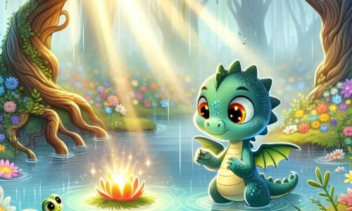 Ein kleiner Drache namens Finn, mit glänzend grünen Schuppen und funkelnden orangefarbenen Augen, steht im Mittelpunkt der Szene und zeigt einen Ausdruck von Entschlossenheit und Neugier. Er breitet seine zarten Flügel aus und ist bereit, sich einem geheimnisvollen, leuchtenden Glanz zu nähern. Neben ihm schaut eine kleine Schildkröte namens Tilli, mit einem bunten Panzer und sanften Augen, bewundernd zu Finn, ihre Vorderbeine auf dem Boden, um ihre Unterstützung zu zeigen. Ein alter Frosch namens Quak, mit grüner Haut und schelmischen Augen, steht etwas im Hintergrund, lächelt und gestikuliert, als ob er ein Geheimnis mit seinen Freunden teilt. Die Szene spielt in einem wunderschönen Sumpf, wo bunte Blumen aus dem Wasser ragen, umgeben von leichter Nebel. Bäume mit verdrehten Stämmen und üppigen Blättern stehen im Hintergrund, während ein sanfter Sonnenstrahl durch den Nebel bricht und das Herz des Sumpfes erleuchtet. Die Hauptsituation zeigt Finn, Tilli und Quak, die sich um einen geheimnisvollen, leuchtenden Kristall, den "Sternenstein", versammeln, der ein sanftes und warmes Licht ausstrahlt. Sie scheinen konzentriert und vereint, bereit, das Geheimnis zu entdecken, das ihren kostbaren Sumpf retten könnte.