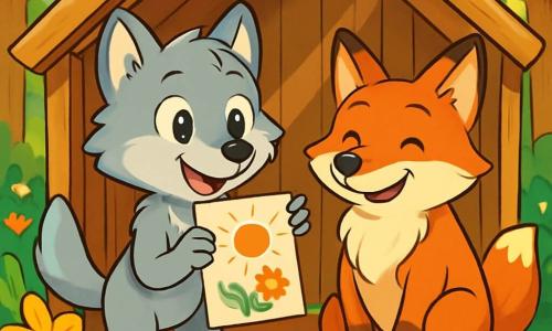 Ein junger Wolf namens Finn mit weichem, silbernem Fell steht in einer kleinen Holzhütte, umgeben von bunten Blumen. Er hat einen neugierigen und fröhlichen Blick, seine Augen funkeln vor Aufregung, während er stolz seine Zeichnungen den anderen zeigt. Neben ihm sitzt ein weiser alter Fuchs namens Felix mit leuchtend rotem Fell und schelmischen Augen, der warm lächelt, während er Finn zuhört. Die Hütte liegt im Herzen eines üppigen Waldes mit majestätischen Bäumen und strahlend grünen Blättern, während Sonnenstrahlen durch die Äste filtern und das Innere der Hütte erhellen. Die Szene zeigt Finn, der seine Leidenschaft für die Kunst mit seinen Freunden teilt und eine Atmosphäre der Freude und des Verständnisses schafft, in der jeder die Schönheit der Vielfalt entdeckt.