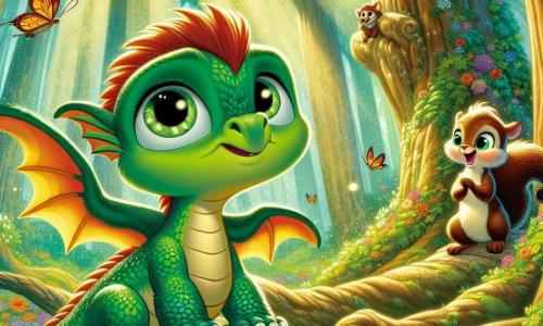 Un piccolo drago verde di nome Drillo, con grandi occhi brillanti e squame scintillanti, si trova su una roccia in cima a un albero, il viso che irradia orgoglio ed eccitazione. Agita le sue piccole ali, pronte a spiccare il volo, mentre un dolce sorriso illumina il suo volto. Accanto a lui, un piccolo scoiattolo marrone di nome Nocciolino, con una coda folta e occhi scintillanti di gioia, applaude con entusiasmo. È seduto su un ramo, guardando Drillo con ammirazione, il viso che esprime grande orgoglio per il suo amico. Il scenario è un magnifico bosco incantato, pieno di alberi con tronchi spessi e fogliame verde brillante, con raggi di sole che filtrano tra le foglie, creando macchie luminose sul terreno. Fiori colorati e farfalle svolazzano attorno, aggiungendo un tocco di magia all'ambiente. La situazione principale mostra Drillo, pronto a provare a volare per la prima volta, circondato dal suo amico Nocciolino che lo incoraggia con uno sguardo ammirato. L'atmosfera è piena di energia positiva e speranza, simboleggiando la fiducia in se stessi e il supporto tra amici.