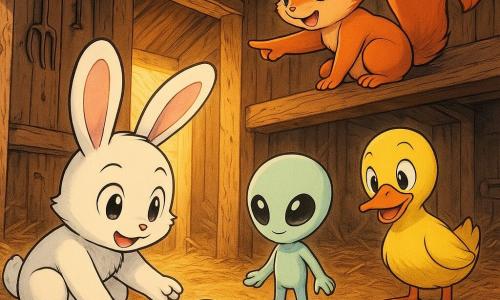 Tito, un conejo blanco de largas orejas y ojos brillantes, se agacha sonriendo y toca con una pata una pequeña nave espacial brillante sobre la paja; Lila, una ardilla roja ágil, curiosa y emocionada, desde una viga señala huellas luminosas en el suelo; Pepe, un pato amarillo de pico naranja, prudente pero divertido, permanece junto a la puerta riendo ligeramente; Zog, un diminuto extraterrestre verde pálido de grandes ojos negros y zapatillas espaciales brillantes, tímido y agradecido, flota al salir de la nave metálica irisada; el granero de madera antigua, bañado por un rayo de sol naranja, con heno dorado esparcido y huellas centelleantes en el suelo, muestra el momento mágico del encuentro y la curiosidad compartida entre amigos.