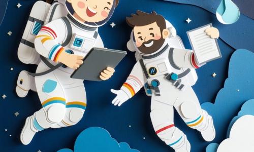 Una astronauta sonriente y concentrada, cabello castaño recogido, rostro redondo, traje blanco y gris con insignias, sostiene una tableta con una lista y una toallita azul para atrapar una gota de agua flotante; junto a ella flota Amir, unos 30 años, cabello negro corto, barba ligera, expresión cómplice, con traje espacial similar y una pequeña lámpara en el brazo; el interior del módulo muestra paredes metálicas crema, paneles con tornillos y etiquetas, cintas de sujeción, tubos y pequeñas pantallas verdes, y una ventana redonda con la Tierra de fondo; en el centro flota una gota brillante rodeada de burbujas y objetos miniatura (una llave, un trozo de cuerda), la astronauta la atrapa suavemente en una atmósfera cálida y lúdica.