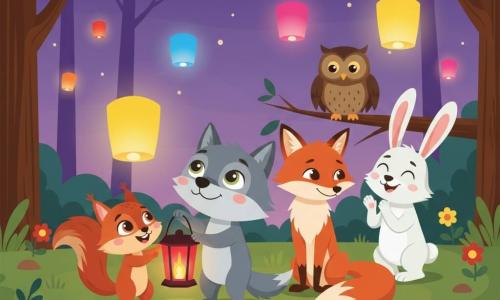 El protagonista es Lucas, un pequeño lobo gris de rostro redondo y ojos grandes, sosteniendo una linterna roja y mirando el cielo; a su derecha, Zorro, un zorro rojizo de rasgos finos, tímido y sonriente; a la izquierda, Ardilla, una vivaz ardilla pelirroja ayudando con una linterna amarilla, confiada y alegre; detrás, Conejo, un conejo blanco de largas orejas aplaudiendo; el sabio búho, grande y marrón, observa desde una rama. Ambientado en una clara de bosque al crepúsculo con hierba, flores y árboles oscuros, lanternas flotantes multicolores iluminan un cielo violeta estrellado. La escena muestra amistad, inclusión y una atmósfera mágica y pacífica, con colores vivos y formas sencillas.