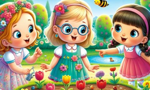 Drie kleine meisjes, Emma, Lotte en Noor, staan in een zonnig park. Emma, een 7-jarig meisje met blond haar en een bril, kijkt verwonderd naar een bij die om een kleurrijke bloem vliegt. Lotte, een 6-jarig meisje met bruin haar en een roze jurk, wijst naar een vogel die in de blauwe lucht vliegt. Noor, een 5-jarig meisje met zwart haar en een klein vlechtje, hurkt om de zaadjes die ze net hebben geplant water te geven. Het park is vol met stralende bloemen, rode en gele tulpen, en groene bomen. De zon schijnt hoog aan de hemel en kleurrijke vlinders dansen rond de bloemen. Een kleine vijver glinstert in de verte, waar een eend vredig zwemt. De drie meisjes zijn vrolijk en nieuwsgierig, terwijl ze de wonderen van de lente ontdekken.