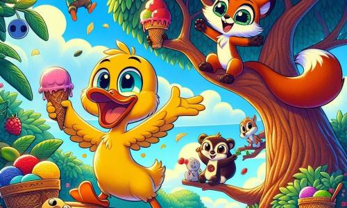 Um pato chamado Quico, com penas amarelas brilhantes e um sorriso travesso, está no topo de um majestoso pé de feijão, com os braços abertos em sinal de alegria, cercado por folhas verdes luxuriantes. Ao seu lado, Rena, uma raposa astuta com pelagem ruiva e olhos maliciosos, levanta uma pata segurando um cone de sorvete, rindo de felicidade. Um pouco mais adiante, Tico, um esquilo pequeno com olhos brilhantes e cauda fofa, balança em um galho, segurando um sorvete de framboesa, enquanto Olívia, uma sábia coruja com penas marrons e grandes olhos redondos, os observa com um sorriso afetuoso, empoleirada em um galho. O céu é de um azul vibrante, salpicado de nuvens brancas e fofas, e a caverna do tesouro, cheia de potes de sorvete coloridos, está logo atrás deles, iluminada por raios de sol dourados. A cena irradia uma atmosfera de alegria e amizade, capturando o momento em que os amigos descobrem seu tesouro doce após uma emocionante aventura.