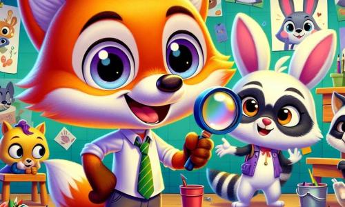 A small fox named Felix, with bright orange fur and sparkling curious eyes, stands at the center of the image, a joyful smile on his face, holding a magnifying glass in his paw. To his right, an adorable rabbit named Lily, with large ears and white fur, looks at Felix in wonder, her eyes shining with excitement as she holds a colored pencil. On the left, Benny, a small raccoon with a black mask around his eyes and gray fur, lights up the scene with a small flashlight, showing a determined expression. 

The setting is an art room in a school, filled with vibrant colors: scattered paint pots, messy brushes, and a large whiteboard displaying animal drawings. 

The main situation shows Felix and his friends discovering a mystery, surrounded by scattered art supplies, as they prepare to solve the problem of the missing supplies, with expressions of excitement and adventure on their faces.