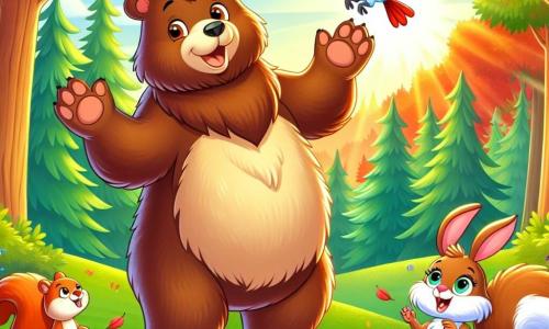 An illustration depicts a large, fluffy brown bear with a warm smile and sparkling eyes, standing in a sunny clearing surrounded by colorful leaves, raising its paws in a welcoming gesture. Next to it, a small female squirrel with reddish fur and a bushy tail jumps with joy from a low branch, eager to listen. A male rabbit with big ears and white fur sits on the grass, tapping its paws impatiently, wearing a determined smile and looking around curiously. A colorful bird with red and yellow feathers flies above, singing cheerfully, adding a magical touch to the scene. The main setting is a lush clearing, surrounded by majestic trees, where sunlight filters through the leaves, creating light and shadow patterns on the ground, with bright wildflowers scattered around. The main situation shows the bear and its friends gathering to discuss the importance of equality and kindness, all ready to make a promise for a better world. Additional graphic elements include colorful leaves scattered around, sun rays illuminating the scene, and a clear blue sky with a few white clouds, creating a joyful and welcoming atmosphere.