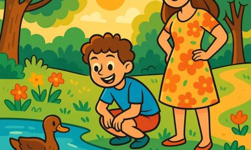 A 10-year-old boy with curly brown hair and sparkling curious eyes is crouched by a pond. He wears a bright blue t-shirt and red shorts, displaying a wide, amazed smile. Next to him, his mother, a woman around 35 with long brown hair, dressed in a light floral dress, tenderly watches the ducks swim, standing slightly back with her hands on her hips. The setting is a green park bathed in the golden light of the setting sun, with majestic trees and colorful flowers scattered on the ground. The main scene shows the boy fascinated by the ducks gliding on the water, while sunbeams dance on the lake's surface, creating a magical and joyful atmosphere, far from screens.