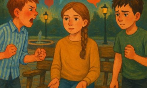 A 12-year-old girl with light brown hair in a loose braid, a round face, calm attentive eyes and a soft focused expression wears a mustard-blue sweater and canvas trousers, sitting slightly back on a worn wooden bench with hands open on her knees and listening as two 12-year-old boys argue: the left one red-faced with furrowed brows, clenched fists and a striped shirt speaks heatedly, the right one in a green tee with trembling hands and hunched shoulders averts his gaze, while the personified bench with a chipped armrest and an engraved plate reading SIT. BE BRIEF. BE TRUE. leans toward them; the scene is a small cobbled square at dusk with a round fountain, warm lamplight and colorful speech bubbles floating like voices, centered composition, soft colors, warm contrasts, visible gouache textures and a calm, intimate atmosphere.
