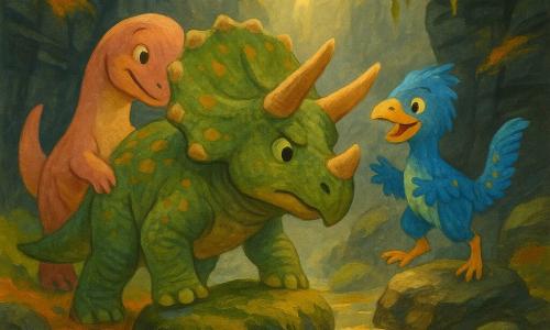 A young brave triceratops with a wide frill and sharp horns, rough moss-green hide with ochre spots, determined yet gentle expression, pausing with a foot on a mossy stone as if listening to the ground; a small smiling hadrosaur friend with smooth sandy-pink skin stands just behind, nudging him encouragingly with her muzzle; a playful sky-blue feathered deinonychus with yellow spots leaps onto a rock to the right, making lively reassuring gestures; the setting is a narrow black basalt gorge with striated walls, orange phosphorescent moss, green lichens, light mist, moss-covered stalactites and a rocky floor with reflective puddles; the three enter the gorge in soft golden rays, an atmosphere of adventure and confidence, warm colors and visible gouache brush textures.
