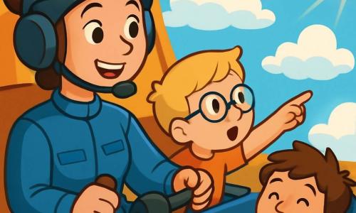 Una pilota sorridente, con i capelli castani raccolti in uno chignon, indossa una tuta da volo blu e un casco. Si trova nella cabina di pilotaggio di un aereo, con gli occhi scintillanti di eccitazione, mentre tiene il volante con sicurezza. Accanto a lei, un ragazzo di 8 anni, con capelli biondi e occhiali, guarda con meraviglia dalla finestra, indicando le nuvole a forma di cotone. Un altro ragazzo, di 7 anni, con i capelli castani arruffati, è seduto sul sedile posteriore, con un ampio sorriso sul viso, mentre tiene un giocattolo di aereo tra le mani. La cabina è piena di luci colorate, pulsanti e strumenti brillanti, con una vista spettacolare su un cielo blu intenso e nuvole bianche soffici. La scena principale mostra la pilota che spiega ai bambini come volare, mentre fluttuano gioiosamente nel cielo, circondati da paesaggi magnifici e raggi di sole dorati.