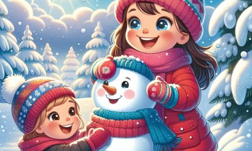 Ein siebenjähriges Mädchen, Mia, mit langen braunen Haaren und rosigen Wangen, lacht fröhlich beim Spielen im Schnee. Sie trägt eine leuchtend rote Jacke, eine blaue Wollmütze und bunte Handschuhe, während sie einen großen Schneemann formt. Neben ihr hilft ihre Mama, eine etwa 35-jährige Frau mit braunen Haaren und einem warmen Lächeln, beim Stapeln der Schneekugeln. Sie ist in einen schwarzen Mantel und einen Wollschal gekleidet. Die Szenerie ist eine bezaubernde Winterlandschaft mit schneebedeckten Bäumen, einem hellblauen Himmel und sanft fallenden Schneeflocken. Die Hauptsituation zeigt Mia und ihre Mama beim Bau eines Schneemanns, erfüllt von Freude und Aufregung, während die Wintersonne auf ihre Gesichter scheint und eine magische, warme Atmosphäre im Herzen des Winters schafft.