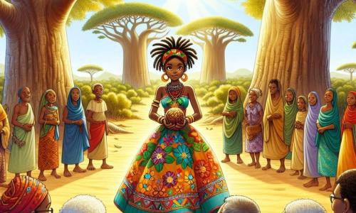 Illustration einer sonnigen Lichtung im Herzen der afrikanischen Savanne, umgeben von majestätischen Baobabs mit breiten, knorrigen Stämmen, deren grüne Blätter sanft im Wind tanzen. In der Mitte der Szene steht eine junge Frau mit strahlend brauner Haut, die ein buntes traditionelles Kleid mit lebhaften Mustern trägt. Ihre Haare sind sorgfältig geflochten, und sie hält fest einen glänzenden Frucht in ihren Händen, ein Symbol für Weisheit und Gerechtigkeit. Um sie herum versammeln sich mehrere Dorfbewohner, Männer und Frauen mittleren Alters. Sie haben ausdrucksvolle Gesichter, geprägt von Erfahrung und Neugier, tragen Kleidung aus natürlichen Stoffen, und einige tragen bunte Perlenketten. Sie schauen die junge Frau bewundernd und hoffnungsvoll an und erwarten gespannt die Botschaft, die sie teilen wird. Die Hauptsituation zeigt die junge Frau in der Mitte der Lichtung, bereit, das Geheimnis der Frucht, die sie von ihrer Reise mitgebracht hat, zu enthüllen. Sonnenstrahlen filtern durch die Blätter der Bäume und schaffen eine warme, magische Atmosphäre, während bunte Vögel am blauen Himmel fliegen und dieser lebendigen Szene von Gemeinschaft und Weisheit einen Hauch von Leben verleihen.