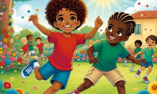 Ilustración que representa un parque soleado de Villa Colorida, donde flores multicolores florecen alrededor de un gran árbol. En el centro, un niño de 9 años, con cabello castaño y rizado, y ojos llenos de curiosidad, juega con un balón de fútbol. Lleva una camiseta roja y un pantalón corto azul, y su sonrisa radiante muestra su entusiasmo. A su lado, otro niño de 9 años, con piel oscura y trenzas que caen sobre sus hombros, hace un gesto de celebración tras haber regateado el balón. Viste una camiseta verde y un pantalón beige, y su rostro está iluminado por una gran sonrisa. La escena captura el momento en que los dos amigos se divierten juntos, compartiendo risas y juegos, simbolizando la amistad y la diversidad. Al fondo, otros niños de diferentes orígenes étnicos juegan juntos, reforzando la idea de unidad en la diversidad. El cielo es azul con algunas nubes blancas, y pájaros vuelan alegremente sobre ellos, añadiendo un toque de vida a este hermoso día.