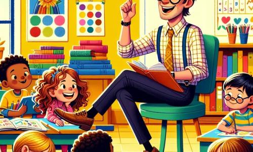 Illustrazione che rappresenta un'aula luminosa e colorata, con pareti dipinte di giallo e poster di lettere e numeri appesi. Al centro, un uomo sorridente, di circa trent'anni, con capelli castani e occhiali rotondi, è seduto su una sedia colorata, circondato da libri e matite. Indossa una camicia a quadri e pantaloni blu. Sta spiegando qualcosa con entusiasmo, le braccia aperte, catturando l'attenzione dei suoi alunni. Davanti a lui, diversi bambini di circa 7-8 anni sono seduti ai loro banchi. Una ragazza dai capelli ricci e castani, con una maglietta rosa, alza la mano con un grande sorriso, mentre un ragazzo dai capelli biondi e corti, indossando una maglietta blu, guarda il suo disegno con concentrazione. Un'altra bambina, con capelli lisci e neri, è china sul suo banco, colorando con le matite. La scena mostra un momento gioioso e interattivo, dove l'insegnante incoraggia i suoi alunni a condividere le loro idee e a disegnare ciò che amano a scuola. Matite colorate e fogli di carta sono sparsi sui banchi, aggiungendo un tocco di creatività e dinamismo all'illustrazione.
