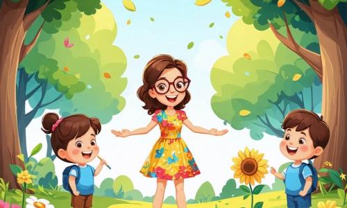 Illustrazione che rappresenta una scena soleggiata in un parco verdeggiante, con grandi alberi dalle foglie brillanti di verde e fiori colorati sparsi sull'erba morbida. Al centro dell'immagine, una donna sorridente, vestita con un abito colorato e scarpe comode, è in piedi con le braccia aperte, circondata dai suoi alunni. Ha capelli castani ondulati e occhiali rotondi che le conferiscono un'aria amichevole e accogliente. Intorno a lei, diversi bambini di circa 6-8 anni, un ragazzo biondo con occhi scintillanti che tiene un piccolo quaderno e una matita, e una ragazza con capelli ricci e un grande sorriso che si avvicina a un bel girasole. I bambini ridono ed esplorano il parco, alcuni si accovacciano per osservare i fiori, mentre altri guardano gli uccelli sugli alberi. La scena principale mostra la donna che spiega ai bambini l'importanza della natura, con espressioni di curiosità e meraviglia sui loro volti. Sullo sfondo, si può vedere un cielo azzurro chiaro punteggiato da alcune nuvole bianche e farfalle colorate che volano intorno ai fiori, aggiungendo un tocco di magia a questa giornata di apprendimento all'aperto.